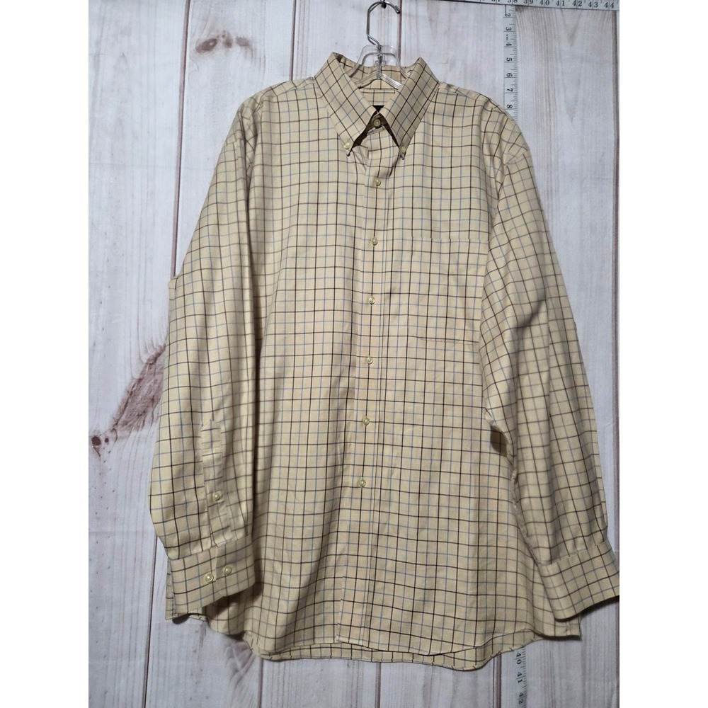 Men's Large Tan Plaid Button Down Long Sleeve Dress Shirt Career‎ Casual